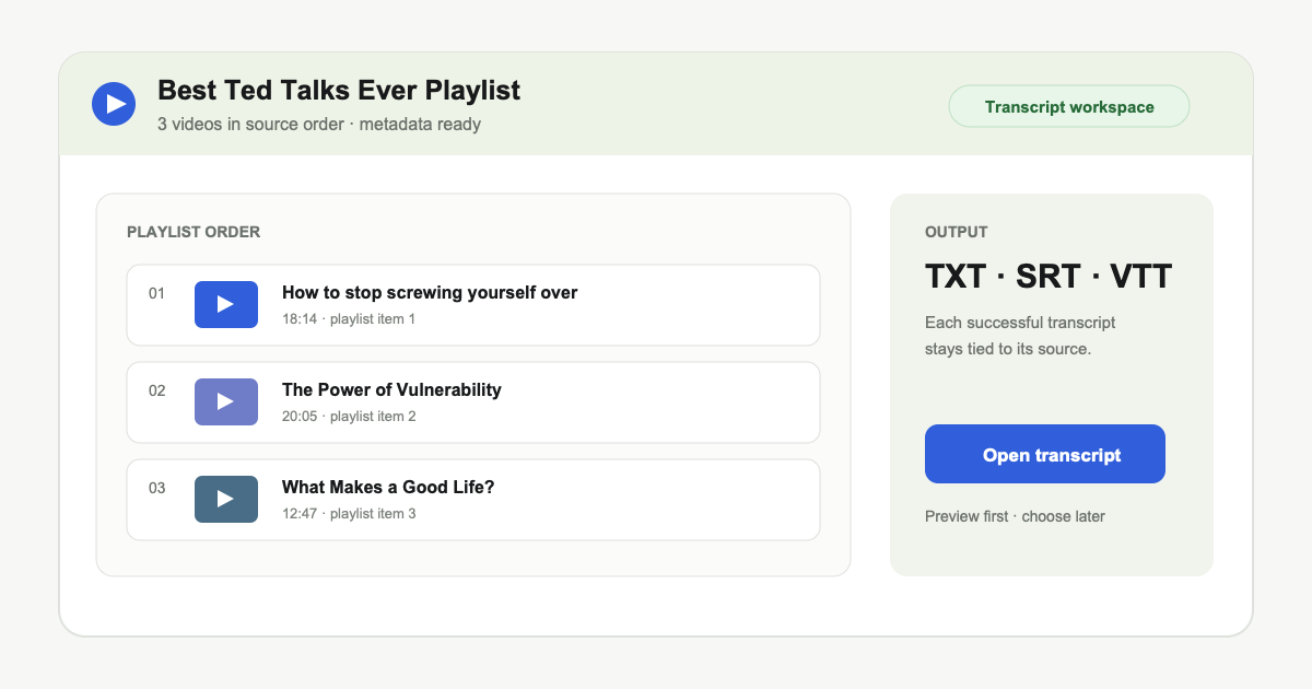 Espacio privado con vídeos ordenados y opciones para descargar transcripciones